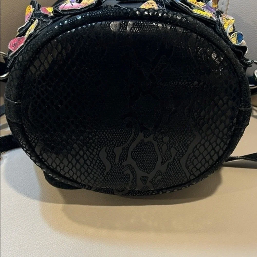 Sharif 1827 Black Leather Suede Butterfly Bucket Bag Crossbody New York Design